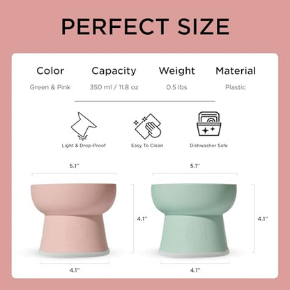 Necoichi 2pcs Elevated Cat Water Bowls with Measurement – BPA-Free Plastic Raised Bowls to Reduce Whisker & Neck Fatigue – Dishwasher Safe – Non-Slip, Anti-Vomiting (Bloomy) - color: Green and Pink (Bloomy)