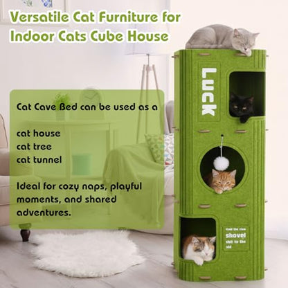 3-Storey Cat House for Indoor Use with 10 Pcs Sisal Toys Cube Cats Bed Cave Cat Houses 35.5 x 14.6 Inch Felt Scratch Resistant Cats Condos with Hideaway and Sisal Stuff for Indoor Multi-Cats Home