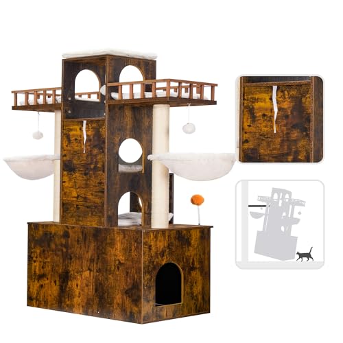 Heybly Cat Tree with Litter Box Enclosure for Indoor Big Cat, Cat Tower for Large Cats 20lbs Heavy Duty, Modern Cat Condo Furniture with Scratching Posts, Rustic Brown HCT110SR - color: Rustic Brown