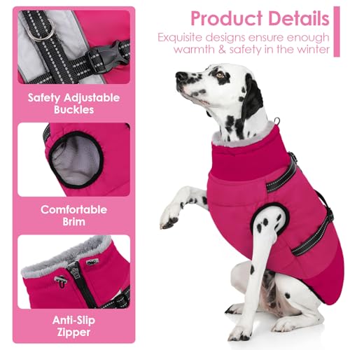 AOFITEE Dog Coat, Warm Dog Jacket with Harness Built-in, Waterproof Medium Dogs Cold Weather Coat with Zipper, Reflective Fleece Lined Pet Snow Jackets for Pug, Jack Russell, Boston Terrier, HotPink M - color: RoseRed, size: Medium