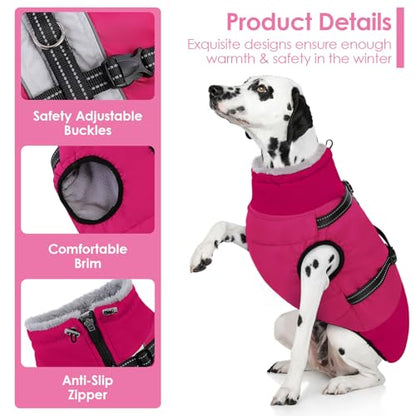AOFITEE Dog Coat, Warm Dog Jacket with Harness Built-in, Waterproof Medium Dogs Cold Weather Coat with Zipper, Reflective Fleece Lined Pet Snow Jackets for Pug, Jack Russell, Boston Terrier, HotPink M - color: RoseRed, size: Medium