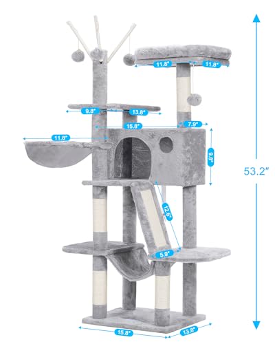 Hey-brother Cat Tree, 53 inch Cat Tower for Indoor Cats, Cat House with Padded Platform Bed, Toy Balls, Large Cozy Condo, Hammocks and Sisal Scratching Posts, Light Gray MPJ019-SW - color: Light Gray