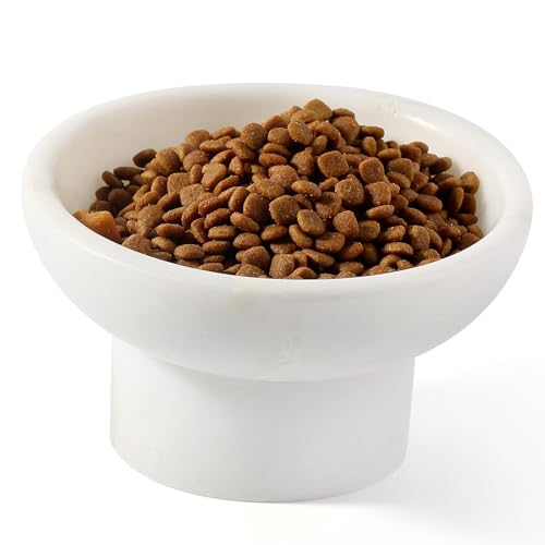 Karibiber Marble Elevated Cat Bowl, White Weighted Raised Cat Food & Water Bowl, Whisker-Friendly Stone Cat Dish with Non-Slip Stand, Heavy Water Bowls for Small Dog - color: White