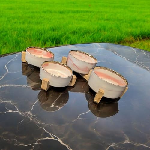Ceramic Pet Bowl (Marble Design) Set of 2 with Stand, 2 Cups and 4 Cups Capacity (Marble Pink, Gold Rim, 950 ml (4 Cups) Medium) - color: 4. M-Marble pink Gold, Medium, 4 cups per bowl
