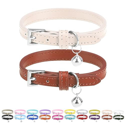 PUPTECK 2 PCS Soft Genuine Leather Cat Kitten Collar with Bells Adjustable for Girl Boy Cats Puppy - Cream, Brown - color: Cream & Brown