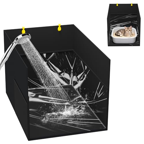 Aokeyee Black Waterproof Cat Litter Box Enclosure Splash Guard with Removable PVC Mat, Foldable Pet Litter Box Shield with 2 Hooks - color: Black
