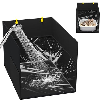Aokeyee Black Waterproof Cat Litter Box Enclosure Splash Guard with Removable PVC Mat, Foldable Pet Litter Box Shield with 2 Hooks - color: Black