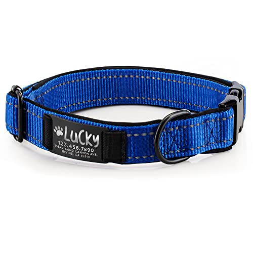 Improved - Personalized Dog Collars w/Engraved Metal ID Nameplate for Name & 3 Lines Text - Custom 20 Icons, 4 Adjustable Sizes, 10 Fonts - Dog Collar for Dogs, Dog ID Tag Personalized, Royal Blue - color: Royal Blue