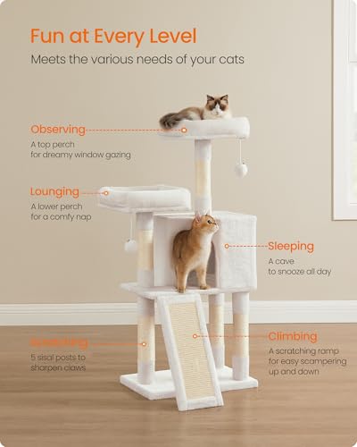 Feandrea Cat Tree, 45.3-Inch Cat Tower, Plush Condo with Scratching Post, Ramp, Perch, Spacious Cave, for Small Space, Cream White UPCT141W02 - color: Cream White