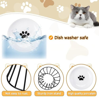 Roshtia 4 Sets Elevated Cat Bowls Ceramic Raised Cat Food Bowls with Metal Stand Dishwasher Safe Dishes Non Slip Elevated Food Plate(Black,Paw) - color: Black