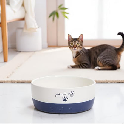 Pearhead Ceramic Paws Off Cat Bowl, Holds 1.3 Cups, Navy Blue and White Stoneware Dish, Non-Skid Feeding Bowl, Microwave and Dishwasher Safe, Small (Pack of 2) - color: Navy Paws Off, size: Bowl Set