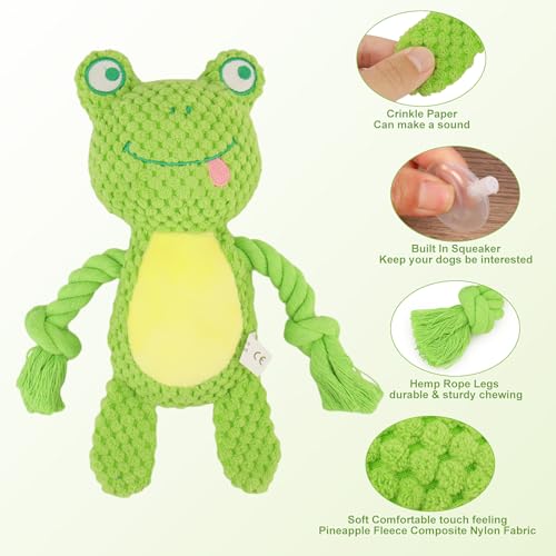 Dog Toys, Dog Squeaker Toys with Crinkle Paper, Stuffed Animal Dog Plush Chewing Toy, Cotton Rope Interactive Toys for Puppy, Small, Middle Dogs (Green Frog) - color: Green
