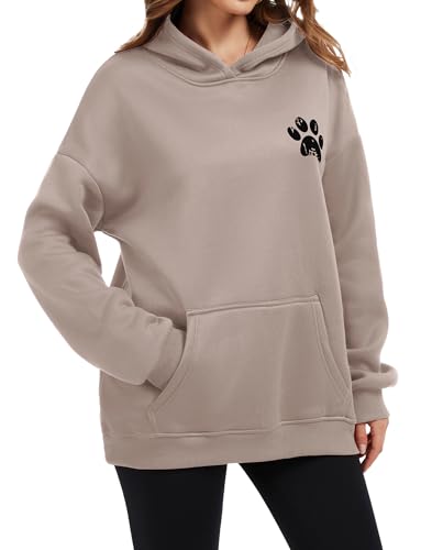 Womens Dog Paw Hoodie-Long Sleeve Pullover Fleece Lined Dog Mom Sweatshirts with Pocket - color: B-grey Brown, size: XX-Large