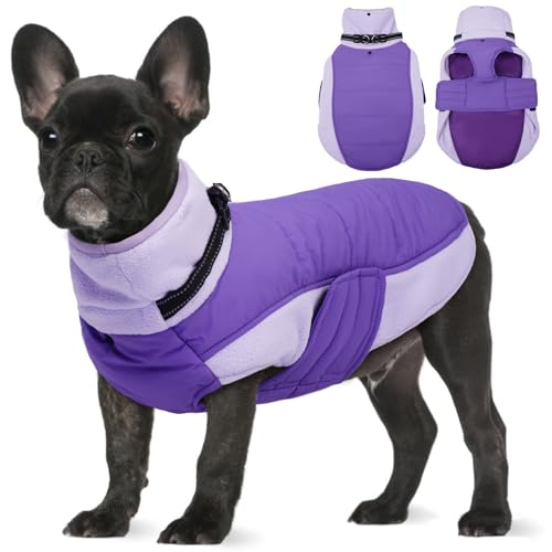 BRKURLEG Dog Coat, Turtleneck Winter Jacket with Harness for Small Medium and Large Dogs, Windproof Reflective Warm Fleece Dogs Snowsuit with Hook & Loop, Dog Coats for Cold Weather, Purple M - color: Purple, size: Medium
