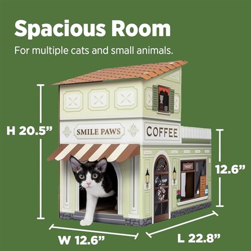 SMILE PAWS Cat Beds for Indoor Cats, Cardboard Cat House with Scratchers, Coffee Shop, Large Sturdy Cat Furniture Condo Cave Tent, Easy to Assemble Pet Toys Accessories Stuffs, Bunny Small Animals - style: Coffee Shop