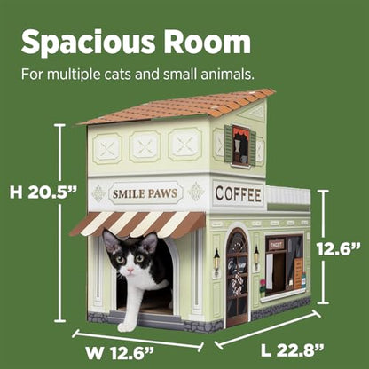 SMILE PAWS Cat Beds for Indoor Cats, Cardboard Cat House with Scratchers, Coffee Shop, Large Sturdy Cat Furniture Condo Cave Tent, Easy to Assemble Pet Toys Accessories Stuffs, Bunny Small Animals - style: Coffee Shop