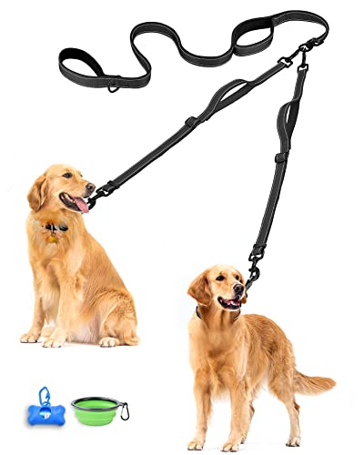 Double Dog Leash, No Tangle Dual Leash, Reflective Walking Training Lead, 4 Comfortable Padded Handles for 2 Dogs with Collapsible Bowl and Waste Bags (Black, Large) - color: Black