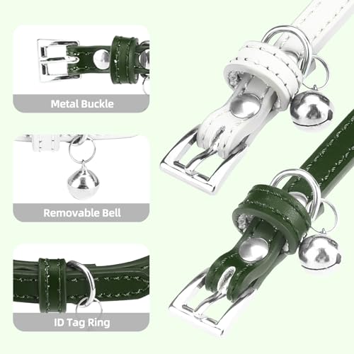 PUPTECK 2 PCS Soft Genuine Leather Cat Kitten Collar with Bells Adjustable for Girl Boy Cats Puppy - White, Deep Green - color: White & Deep Green