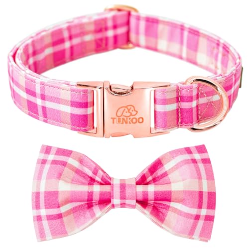Tunkoo Dog Collar Super Cute Pink Plaid with Bow Tie - Durable Adjustable and Stylish Cotton Pet Collar for Girls Small Medium Large, S - color: Pink Collar, size: Small