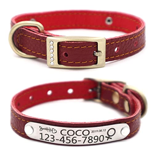 Personalized Cat Collar with Name Tag,Custom Leather Cat Collar Engraved with Name and Phone Number for Boy and Girl Cats or Small Puppy Dogs-XXS,Claret - color: Claret, size: XXS