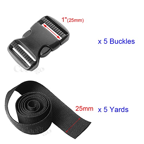 Plastic Buckles Straps Set, 5Pack 1" Side Release Buckle Dual Adjustable, 5 Yards 1" Strap PP Webbing Outdoor Camping Backpack Sleeping Bag Tent Belt Tied Band Accessories (5 Buckle + 5 Yards Webbing) - color: G#: 1" (5 Buckle + 5 Yards Webbing)