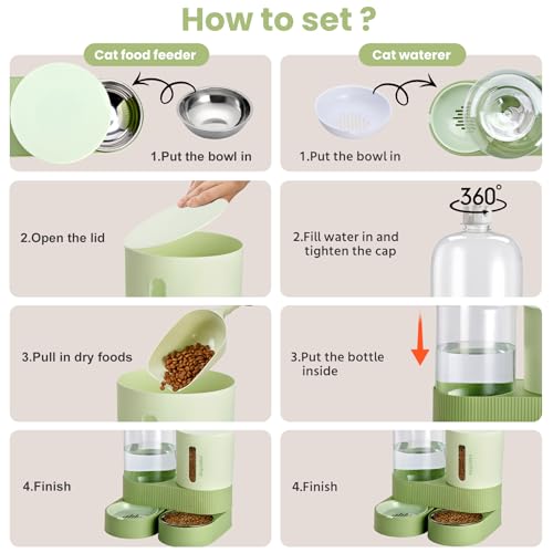 2 Pack Automatic Cat Feeder Stainless Steel Water Dispenser Gravity Food Feeder and Waterer Set with Pet Food Bowl for Small Medium Kitten Puppy Pets Large Capacity(Green) - color: Green