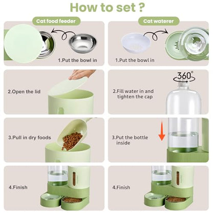 2 Pack Automatic Cat Feeder Stainless Steel Water Dispenser Gravity Food Feeder and Waterer Set with Pet Food Bowl for Small Medium Kitten Puppy Pets Large Capacity(Green) - color: Green