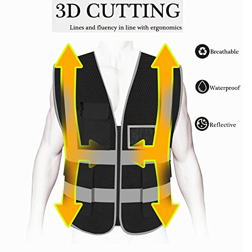 HYCOPROT High Visibility Mesh Safety Reflective Vest with Pockets and Zipper, Meets ANSI/ISEA Standards - color: Black, size: Small