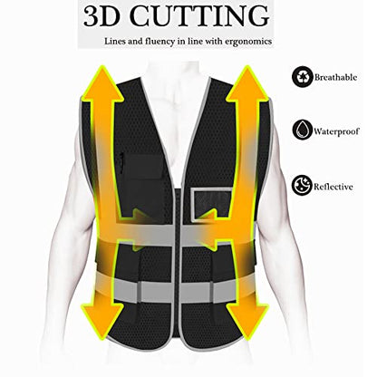 HYCOPROT High Visibility Mesh Safety Reflective Vest with Pockets and Zipper, Meets ANSI/ISEA Standards - color: Black, size: Medium