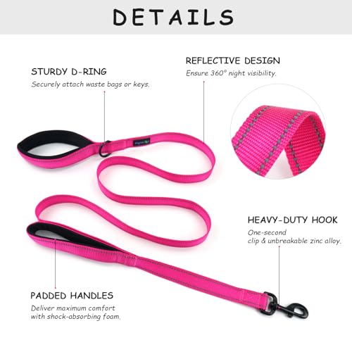Wagtime Club Double Handle Dog Leash, 6ft Long Heavy Duty Dog Leash with Paded Traffic Handles for Extral Control and Training, Dual Handles Leads, Large Medium Small Dogs (Reflective Lively Pink) - color: Reflective Lively Pink
