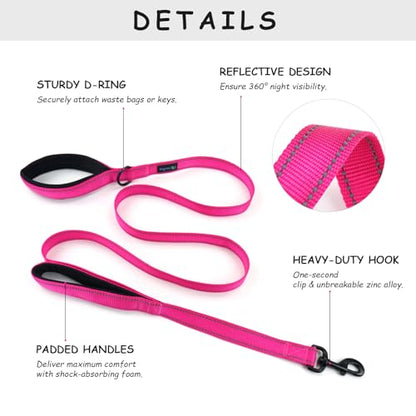 Wagtime Club Double Handle Dog Leash, 6ft Long Heavy Duty Dog Leash with Paded Traffic Handles for Extral Control and Training, Dual Handles Leads, Large Medium Small Dogs (Reflective Lively Pink) - color: Reflective Lively Pink