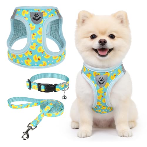 SCENEREAL Small Dog Harness and Leash Collar Set, Step in Soft Light Puppy Vest, Breathable Pet Harness for Small Sized Dogs, No Chock Reflective for Safe Outdoor Walking, Yellow Duck S - color: Light Blue with Duck, size: S: Chest Girth: 14.5"-16"