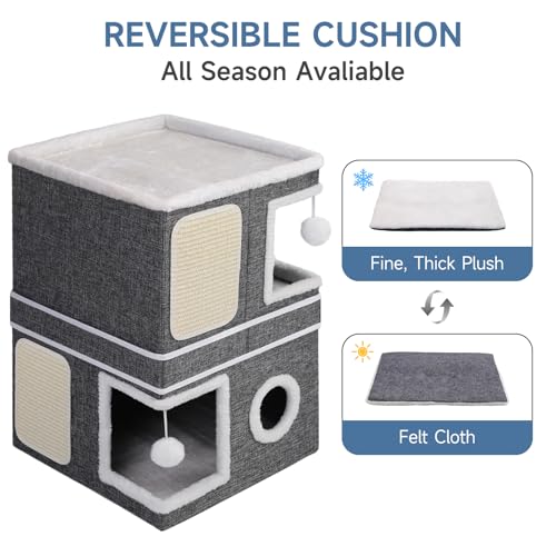 Shikha 2-Storey Cat Houses for Indoor Cats, Dual-Purpose Double Large Cat Beds Cave with Hideaway Condos, Scratch Pads, Fluffy Balls, Foldable Indoor Cat Cube House for Multi Small Pets Kitten, Grey - style: Grey