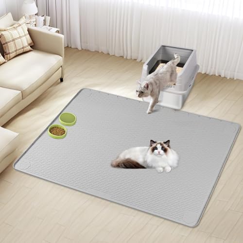 Kalolary Cat Litter Mats, 50" x 35" Extra Large Silicone Cat Mat for Litter Box, Easy to Clean Kitty Litter Trapping Mat, Soft on Kitty Paws, Waterproof, Urine-Proof Kitty Litter Mats for Floor, Grey - color: Grey: 127x89cm