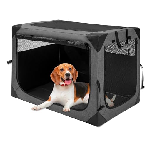 Hiaksedt Dog Crates - 36 Inch Collapsible Soft Dog Crate, 3-Door Foldable Soft Kennel for Large Dogs, Portable Pet Travel Cage with Chew Proof Mesh Window for Indoors & Outdoors（Dark Gray） - color: Dark Gray
