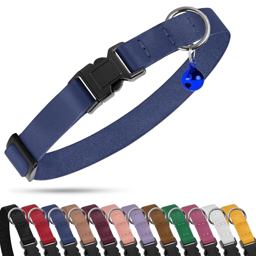 Breakaway Cat Collar with Bell - Leather Adjustable Kitten Collars with Safety Quick Release Buckle - Soft Small Pet Collars for Girl & Boy Cats (Deep Blue) - color: Deep Blue