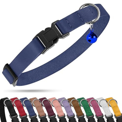Breakaway Cat Collar with Bell - Leather Adjustable Kitten Collars with Safety Quick Release Buckle - Soft Small Pet Collars for Girl & Boy Cats (Deep Blue) - color: Deep Blue