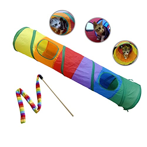 PetLike Cat Tunnel for Indoor Cats Collapsible Pop-up Pet Tube Peek Hole Hideaway Play Toys for Cats with Ball - color: Rainbow, size: one way