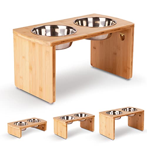 Elevated Dog Bowls, Bamboo Raised Dog Bowl for Large Dogs & Medium Dogs, with 2 Stainless Steel Bowls (10'' Tall–48 oz Bowl) - color: Natural, size: Large: 10'' Tall-48oz Bowl