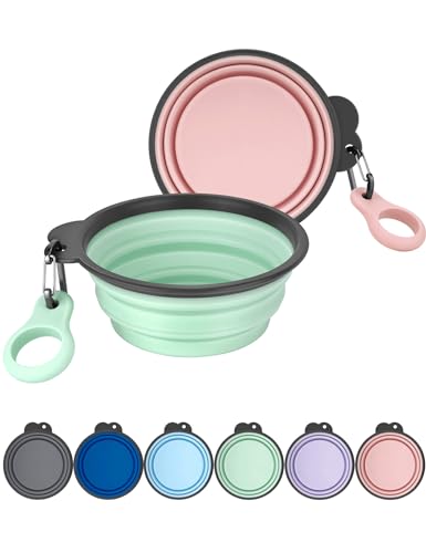 Aonkey Collapsible Dog Bowls with Bottle Carrier, 2 Pack Travel Dog Water Bowl Upgraded Carabiner, One-piece Molded Rim No Fall Off or Crack, Foldable Silicone Portable for Pets Walking Hiking 37oz - color: 8. Sprout Green & Pink, size: Large (Pack of 2)