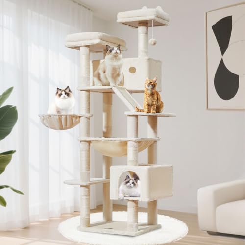 Taoqimiao Cat Tree 71-Inch, Cat Tower for Indoor Cats Large Adult, Multi-Level Large Cat Condo, 8 Sisal Scratching Posts, Metal Frame Cozy Hammock, Scratch Board, 2 Top Perches, Beige MS026LM - color: Beige, size: 71 Inches
