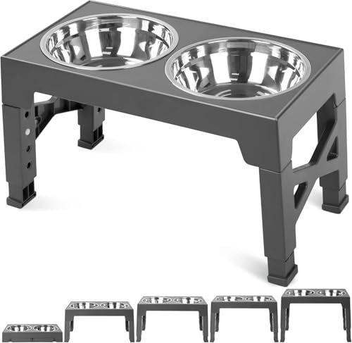 Niubya Elevated Dog Bowls with 2 Stainless Steel Dog Food Bowls, Raised Dog Bowl Adjusts to 5 Heights (3.15", 8.66", 9.84",11.02", 12.2") for Small Medium and Large Dogs - color: Grey