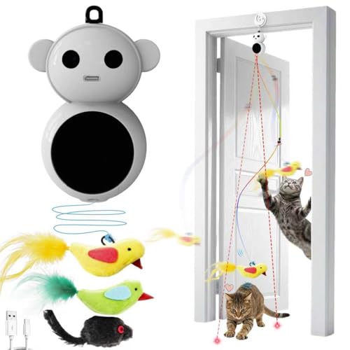 Interactive Cat Toys for Indoor Cats - 2 in 1 Automatic Cat Toy with Feather Flying Bird, Smart Moving Mouse Wand Toy, Auto On/Off Hanging Toys for Bored Kitten & Adult Cats(Grey) - color: Grey