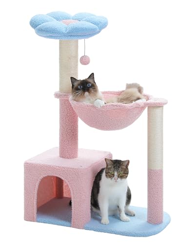 MUTTROS Flower Cat Tree with Large Metal Frame Hammock, 35" Pink Cat Tower with Sisal Scratching Posts for Small Indoor Cats, Cat Condo with Blue Top Perch for Kittens, Fluffy Ball, Pink - color: Blue, size: 35" Upgraded Flower Cat Tree