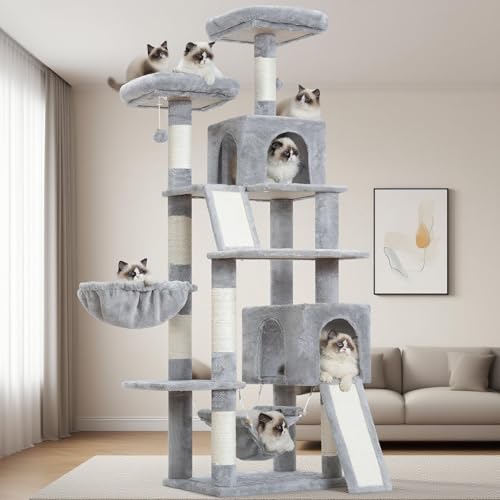 Gitelsnour Cat Tree for Indoor Cats, 71'' (180cm) Multi-Level Cat Tower for Large Adult, Sturdy Cat Tree House with 2 Scratching Boards 7 Posts, 2 Plush Perches/Condos, Hammock, Light Gray GCT032W - color: Light gray, size: 70.8in（180cm)