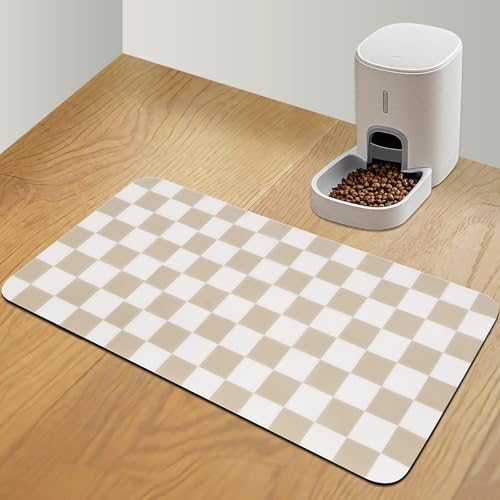 CooRug Checkered Dog Food Mat, Absorbent Leak-Proof Pet Feeding Mat, Quick Dry Cat Food Mat for Messy Drinkers 17" x 32" Khaki - color: Khaki, size: 17" x 32"