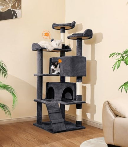 Made4Pets Cat Tree Tower 56in Cat Tower for Indoor Cats Kitten Tree Multi-Level Cat Tree with 2 Condo Furniture Activity Center with Scratching Posts Funny Toys Kittens Pet Play House, Grey - color: Grey