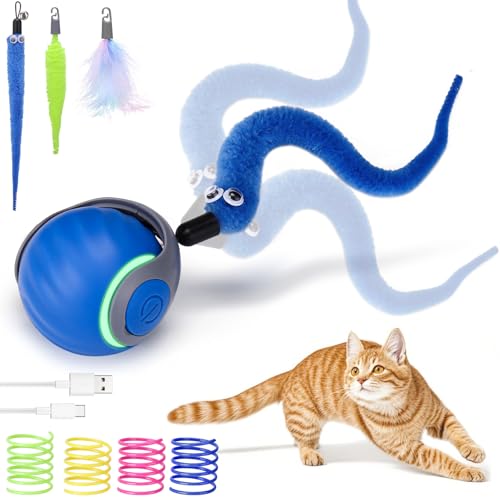 AIERSA Cat Toys for Bored Indoor Adult Cats, Speed Tail Cat Toy, Interactive Smart Cat Toys Balls, Automatic Moving Self Play Cat Toy with 3 Tails and 4 Springs (Blue)