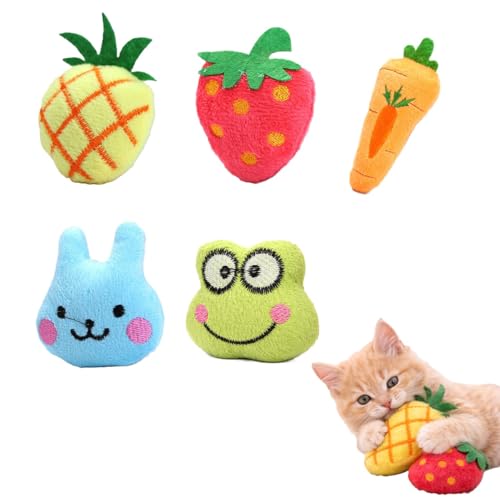 Catnip Toys for Indoor Cats – 5 Pack Plush Cat Toys with Catnip, Interactive Kicker & Chew Toys for Kittens, Cute Soft Indoor Cat Toy Set, Fruit & Animal Designs
