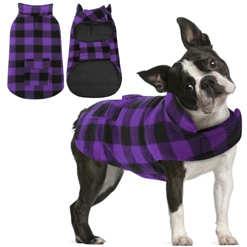 AOFITEE Dog Coat Plaid Dog Winter Coat for Small Dogs, Warm Dogs Jacket Christmas Sweater, Waterproof Pet Puffer Jacket, Reversible Pet Cold Weather Coats for Small Medium Large Pets, Purple S - color: Purple, size: Small